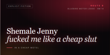 Dark motel card reading "Shemale Jenny fucked me like a cheap slut in a cheap motel