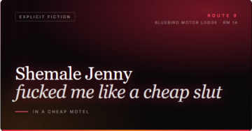 Dark motel card reading "Shemale Jenny fucked me like a cheap slut in a cheap motel