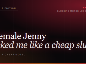 Dark motel card reading "Shemale Jenny fucked me like a cheap slut in a cheap motel